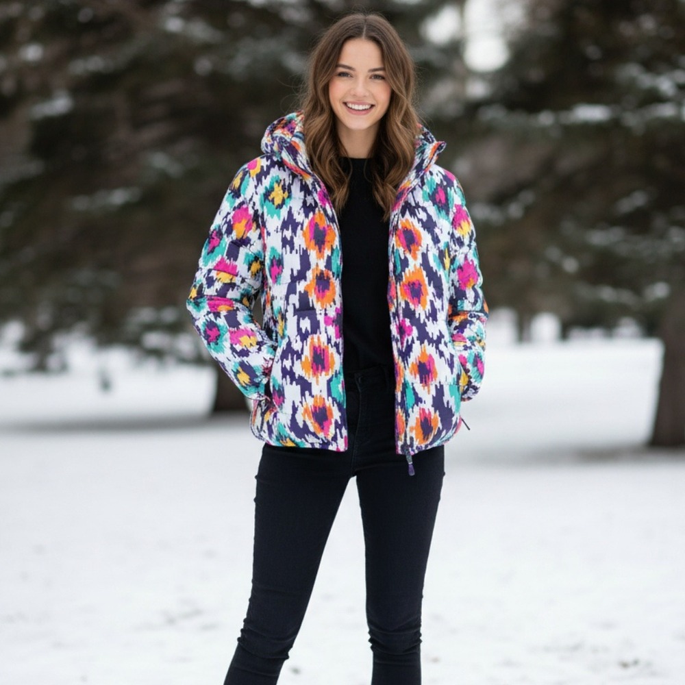 Southern Couture Womens Multi Color Ikat Print Hooded Puffer Jacket Zip M NEW